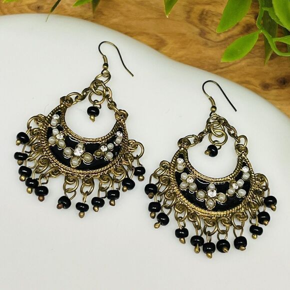 Jewelry - Vintage Beaded Dangle Earrings Ethnic Tribe Chain Gypsy Black Antiqued Gold 1303